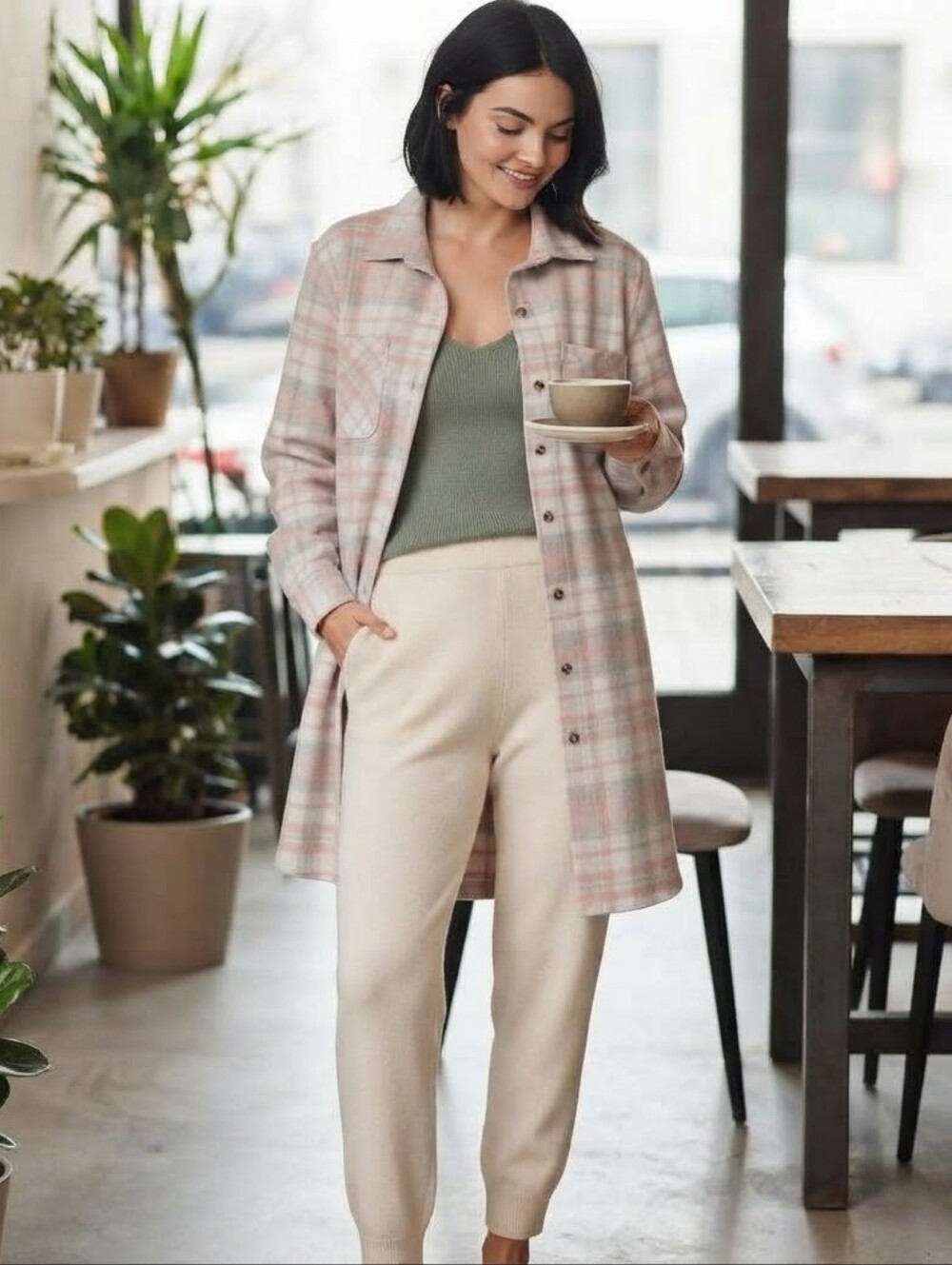 NWT Cozy Plauid Lounge Jacket Shacket Size Large Rayon Spandex Blend